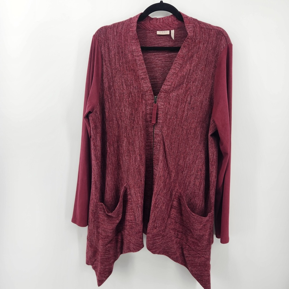 LOGO Lori Goldstein Cardigan Burgundy Heather Knit Zip Front Pockets Large